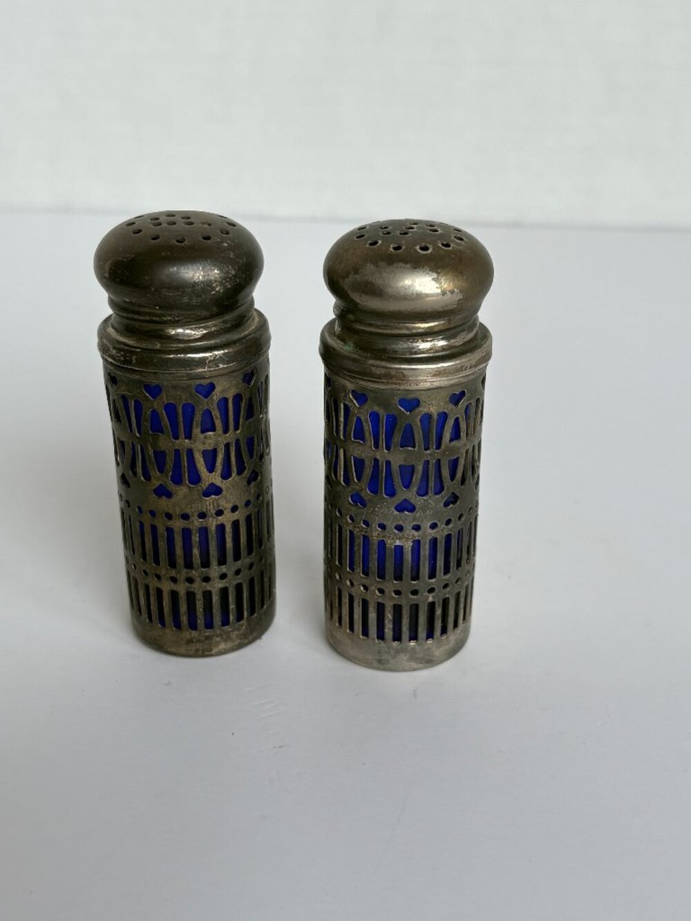 Vintage Silverplate and Cobalt Blue Glass Art Deco Salt and Pepper Shakers